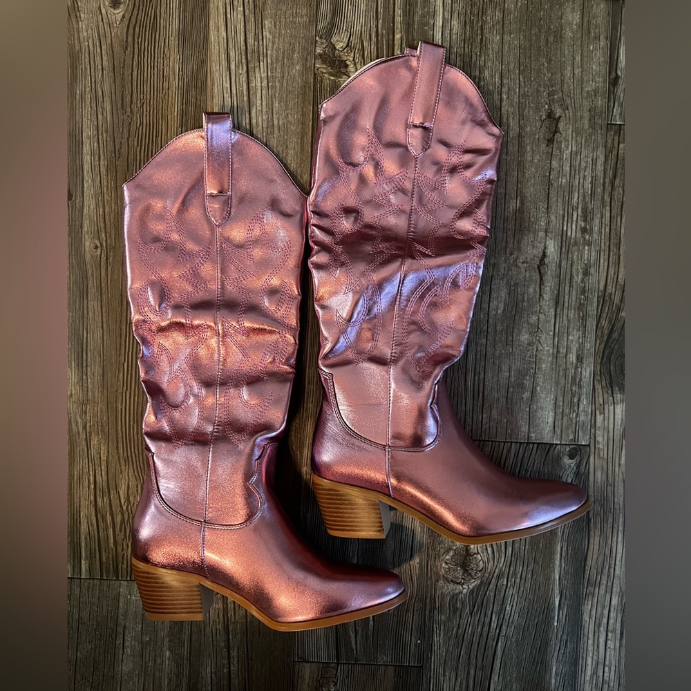 Pink Metallic Knee High Cowgirl Boots
